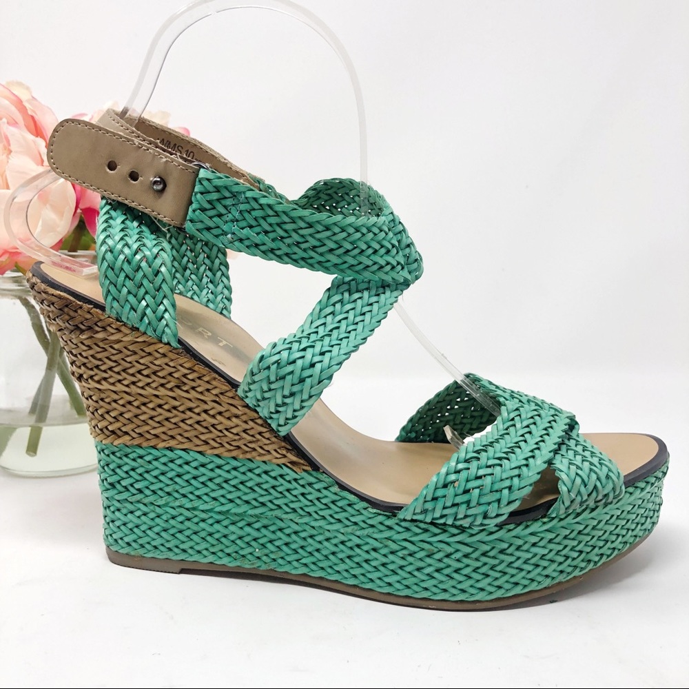 REPORT Brinkley teal braided wedge sandals size 10